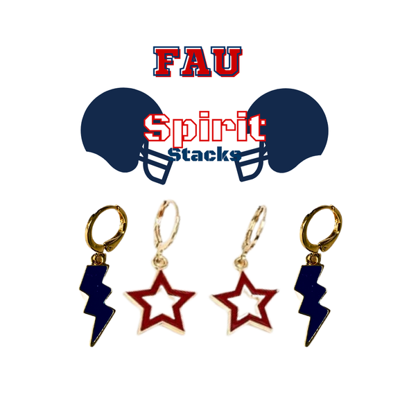 Florida Atlantic Spirit Earring Stack with navy mini enamel bolts and red starboys