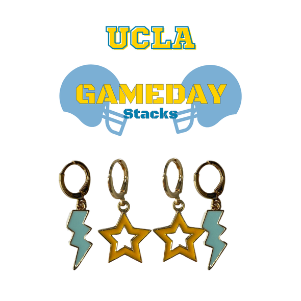 UCLA Spirit Earring Stack in baby blue and golden yellow, Bruins huggie hoop earrings