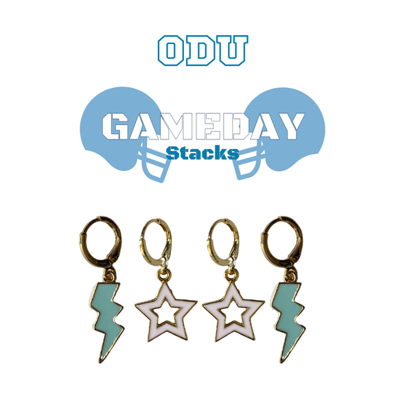 Old Dominion Spirit Earring Stack with baby blue mini enamel bolts and white starboys