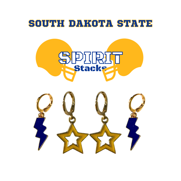 South Dakota State University Spirit Earring Stack - Cobalt bolts and golden yellow Statement Open Starboys