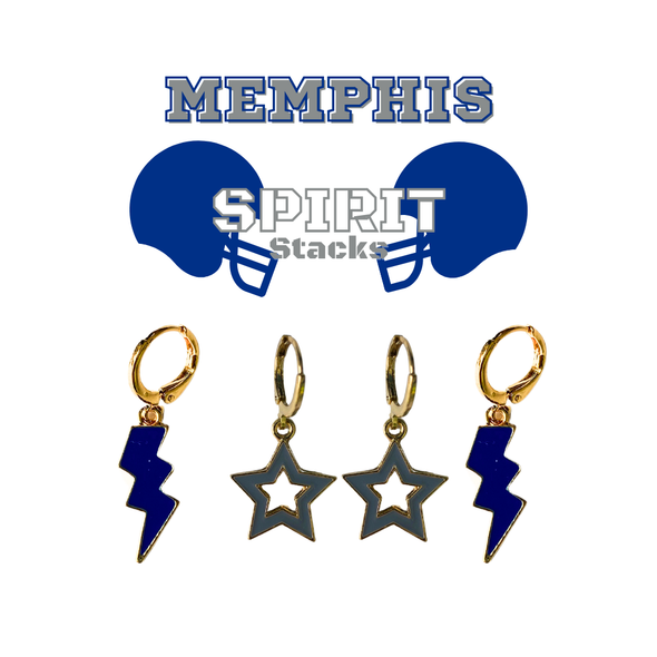 Memphis Spirit Earring Stack with grey mini enamel bolts and cobalt starboys