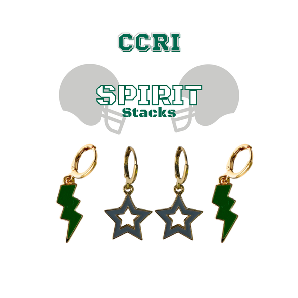 Community College of Rhode Island Spirit Earring Stack - Green bolts and grey Statement Open Starboys