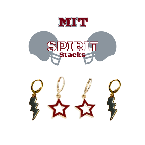 MIT Spirit Earring Stack with maroon mini enamel bolts and grey starboys