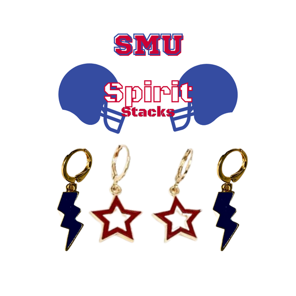 SMU Spirit Earring Stack with navy mini enamel bolts and red starboys