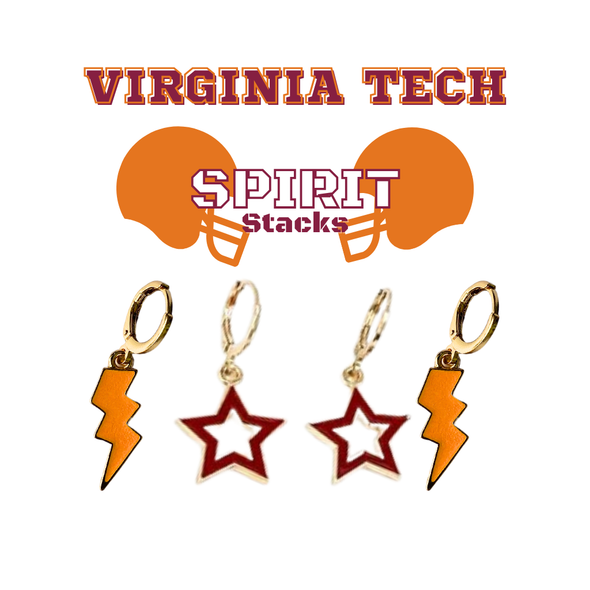 Virginia Tech Spirit Earring Stack with orange mini enamel bolts and maroon starboys