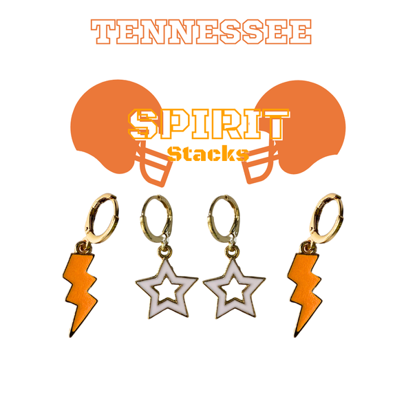 University of Tennessee Spirit Earring Stack with orange mini enamel bolts and white starboys