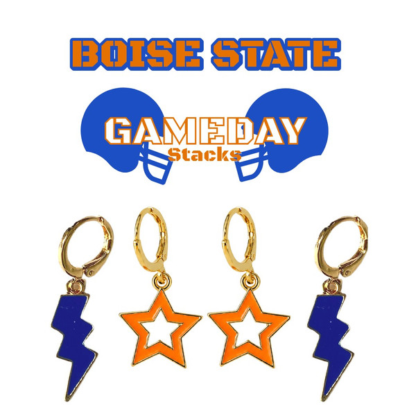 Boise State Broncos Spirit Earring Stack: cobalt mini enamel bolts and orange statement open starboy huggies