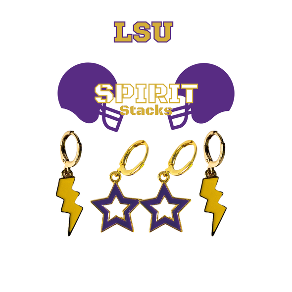 LSU Spirit Earring Stack with purple mini enamel bolts and golden yellow starboys