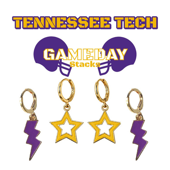 Tennessee Tech Golden Eagles Spirit Earring Stack: purple mini enamel bolts and golden yellow statement open starboy huggies