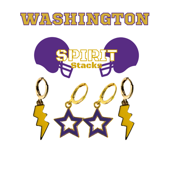 Washington Spirit Earring Stack with purple mini enamel bolts and golden yellow starboys