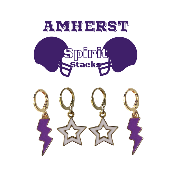 Amherst Spirit Earring Stack with white mini enamel bolts and purple starboys