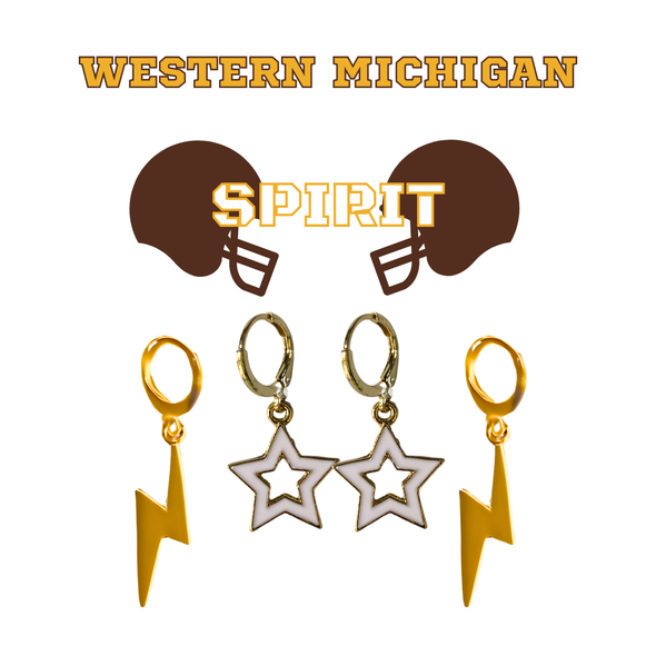 Western Michigan Spirit Earring Stack with gold mini enamel bolts and white starboys