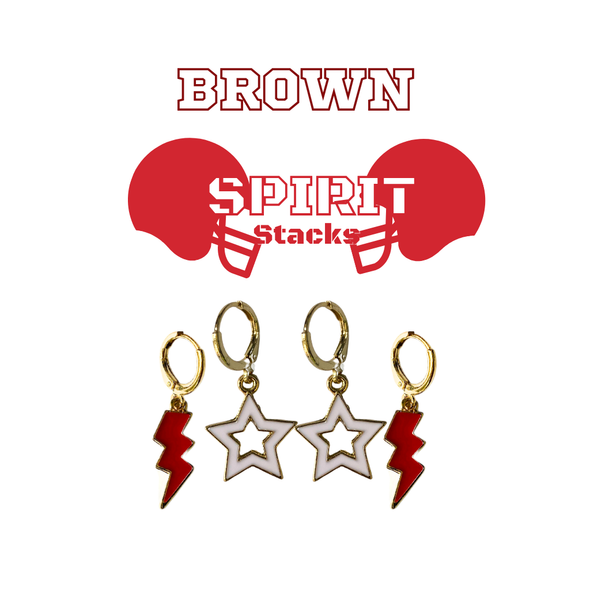 Wearing the Brown University Spirit Earring Stack for Bears game day