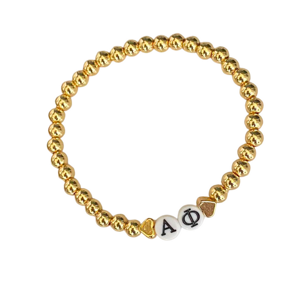 alpha phi gold beaded sorority bracelet with gold heart accents