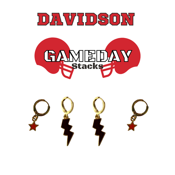 Davidson Classic Gameday Earring Stack with black mini enamel bolts and red baby stars