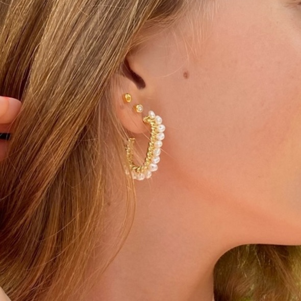 Gold and Pearl Hoop Earrings