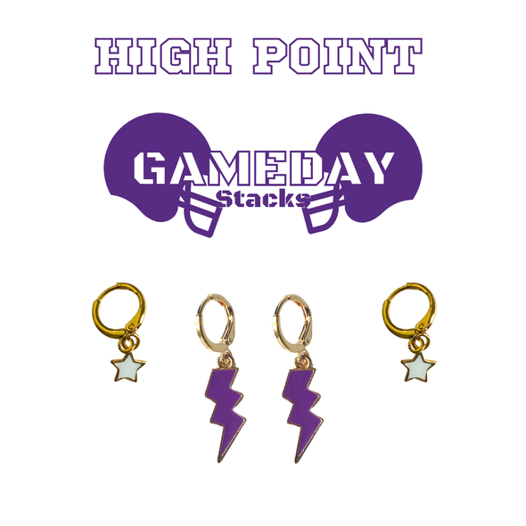 High Point Classic Gameday Earring Stack with purple mini enamel bolts and white baby stars