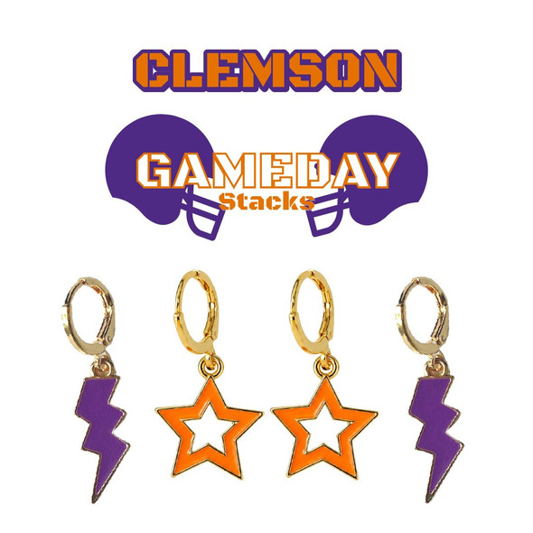 Clemson Tigers Spirit Earring Stack: purple mini enamel bolts and orange statement open starboy huggies