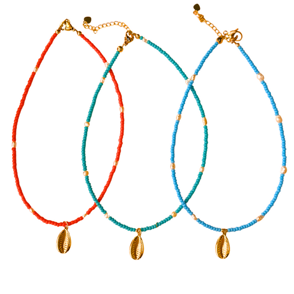 three seed beaded chokers coral, aquamarine, turquoise blue background removed
