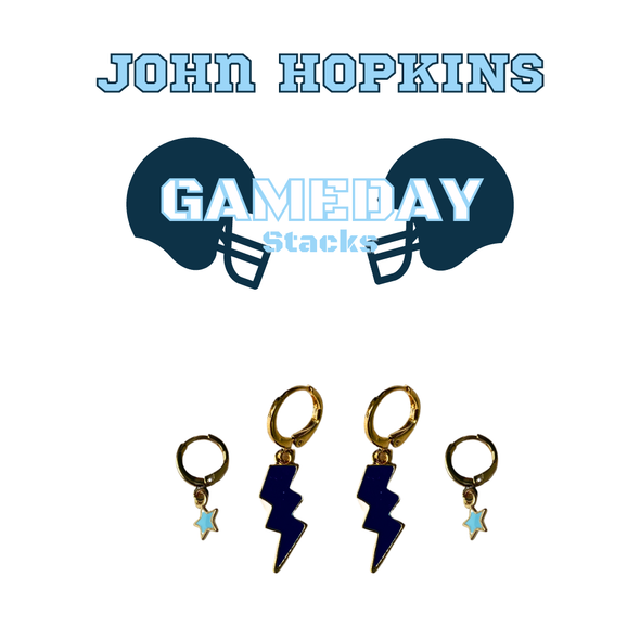 Johns Hopkins Classic Gameday Earring Stack with baby blue mini enamel bolts and navy baby stars