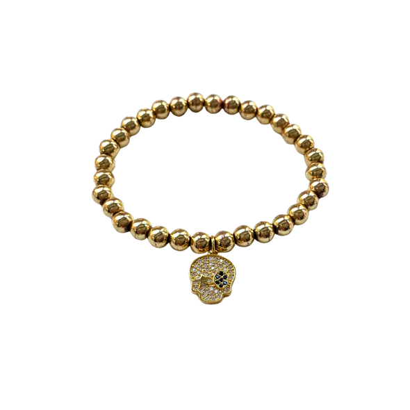 Gold Beaded Bracelet with Glitzy Skull Charm