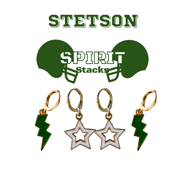 Stetson Spirit Earring Stack with green mini enamel bolts and white starboys
