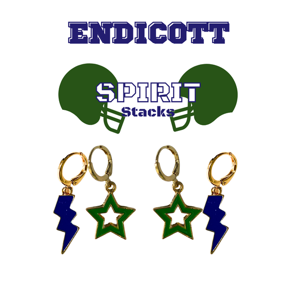 Endicott College Spirit Earring Stack with navy mini enamel bolts and green starboys
