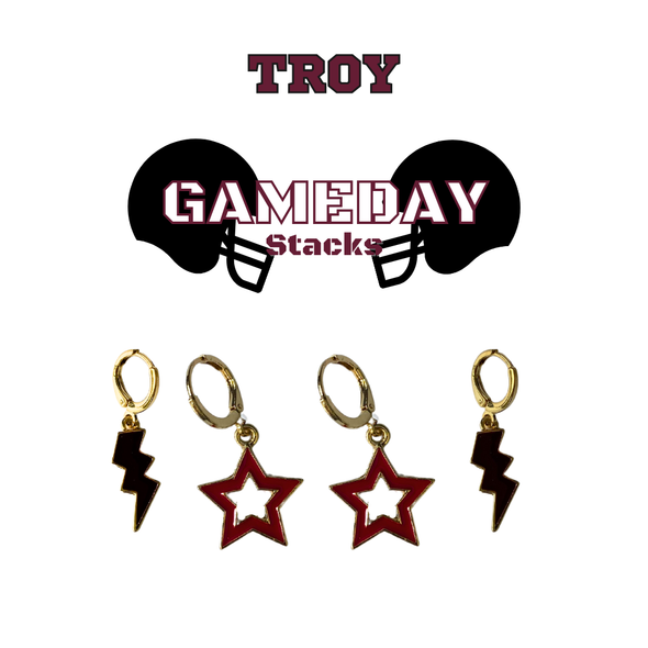 Troy Spirit Earring Stack with maroon mini enamel bolts and black starboys