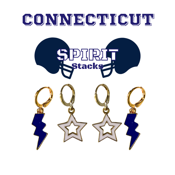 Connecticut College Spirit Earring Stack with navy mini enamel bolts and white starboys