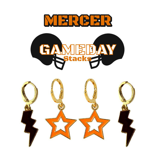 Mercer Bears Spirit Earring Stack: black mini enamel bolts and orange statement open starboy huggies