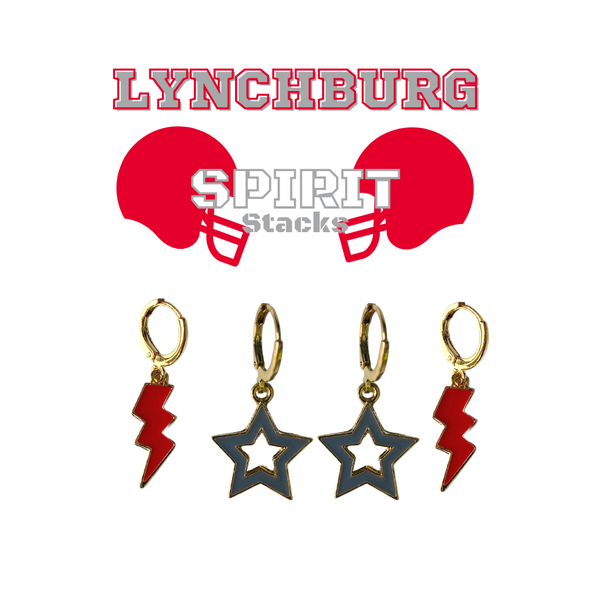 Lynchburg Spirit Earring Stack with grey mini enamel bolts and red starboys