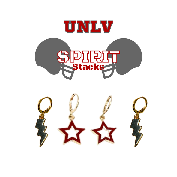 UNLV Spirit Earring Stack with red mini enamel bolts and grey starboys