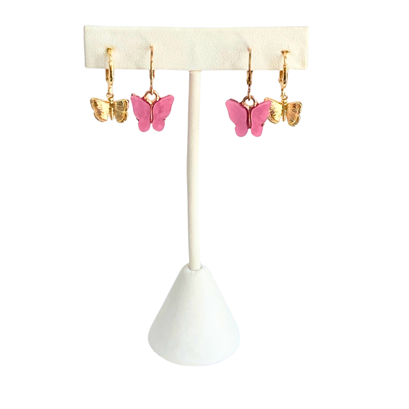 dark pink pearly butterflies and gold butterfly huggie hoops