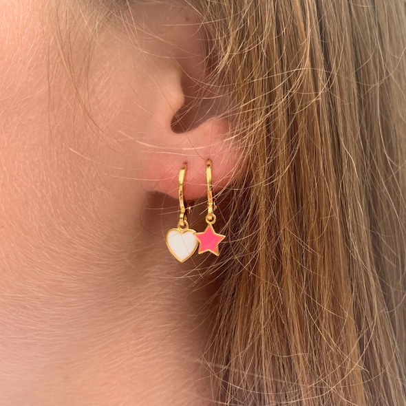 Wearing White Neon Baby Heart and Pink Star Earrings
