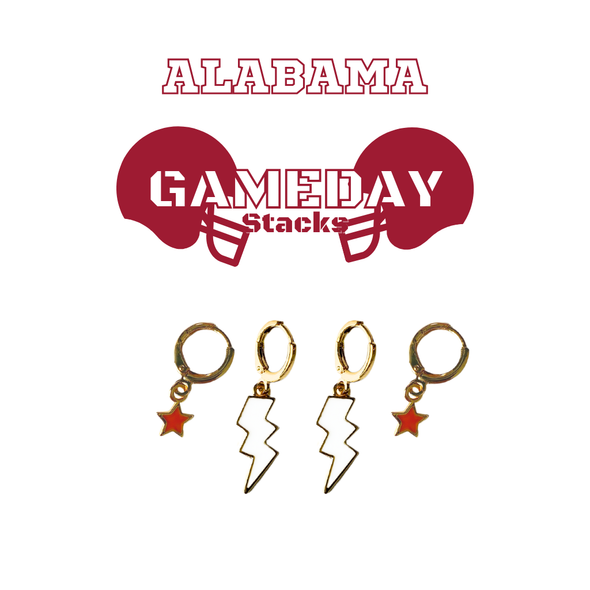 Alabama Classic Gameday Earring Stack with white mini enamel bolts and red baby stars