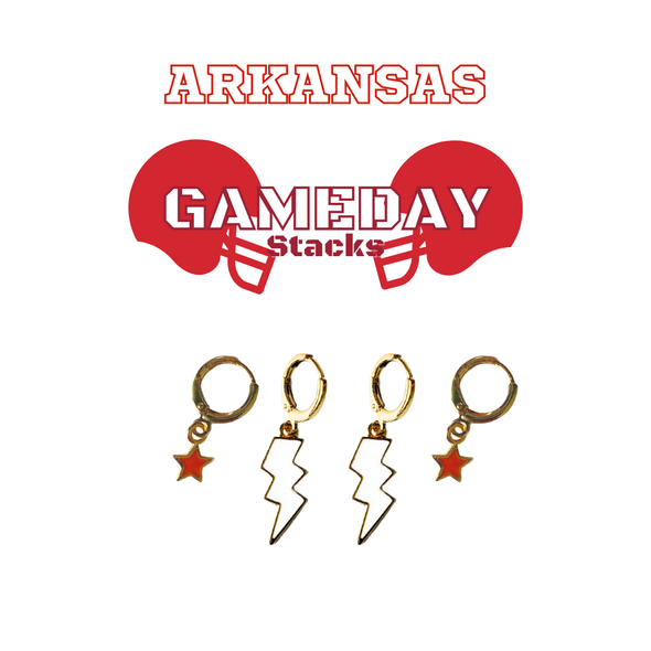 Arkansas Classic Gameday Earring Stack with white mini enamel bolts and red baby stars