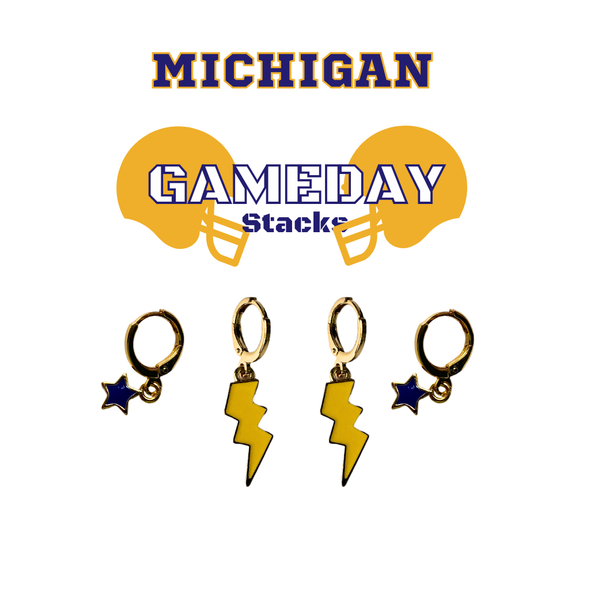 Michigan Classic Gameday Earring Stack with golden yellow mini enamel bolts and navy baby stars