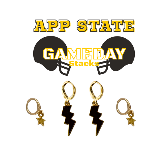 Appalachian State Classic Gameday Earring Stack with black mini enamel bolts and golden yellow baby stars