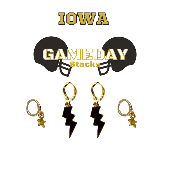 Iowa Classic Gameday Earring Stack with black mini enamel bolts and golden yellow baby stars