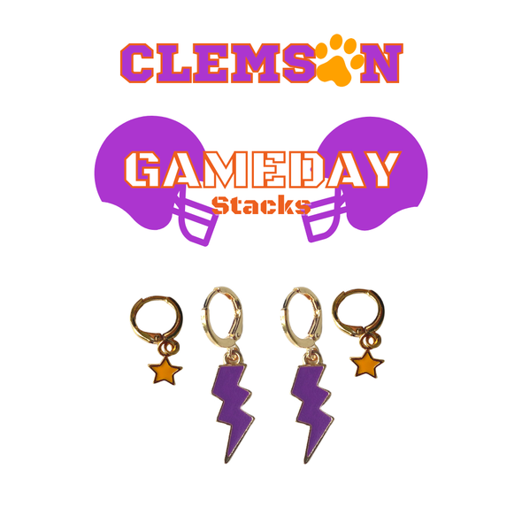 Clemson Classic Gameday Earring Stack with purple mini enamel bolts and orange baby stars