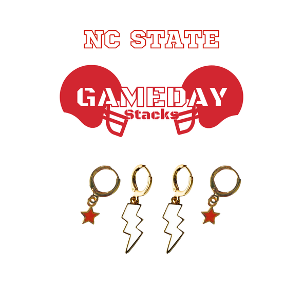 NC State Classic Gameday Earring Stack with white mini enamel bolts and red baby stars