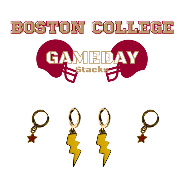 Boston College Classic Gameday Earring Stack in golden yellow and maroon, Eagles huggie hoop earrings