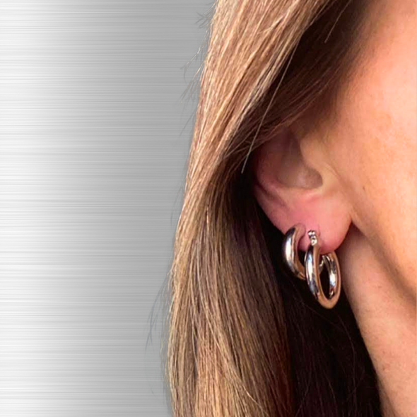 Wearing Silver Tube Hoops, Medium-Sized, Lightweight, High Polish