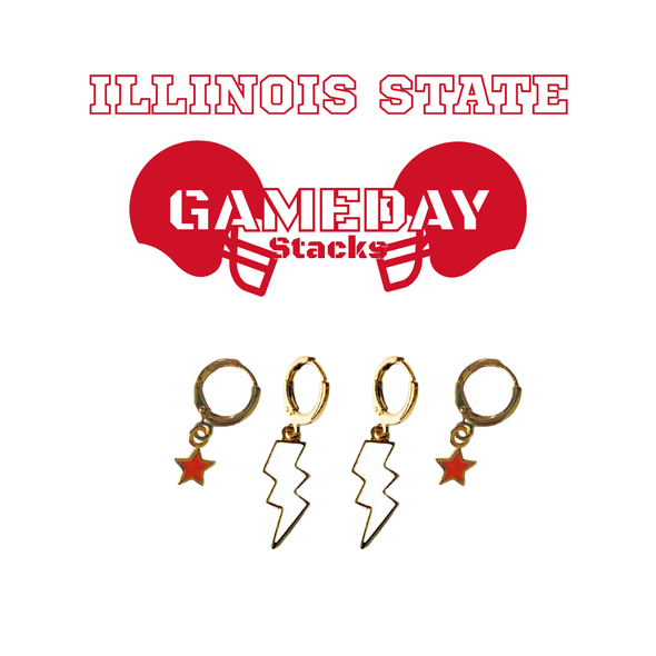 Illinois State Classic Gameday Earring Stack with red mini enamel bolts and white baby stars