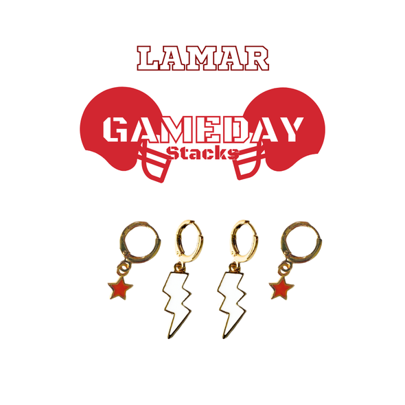 Lamar University Classic Gameday Earring Stack with white mini enamel bolts and red baby stars