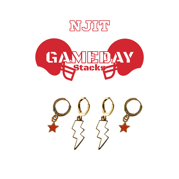 NJIT Classic Gameday Earring Stack with white mini enamel bolts and red baby stars