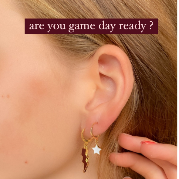 NJIT Classic Gameday Earring Stack in white and red, Highlanders huggie hoop earrings (view 2)