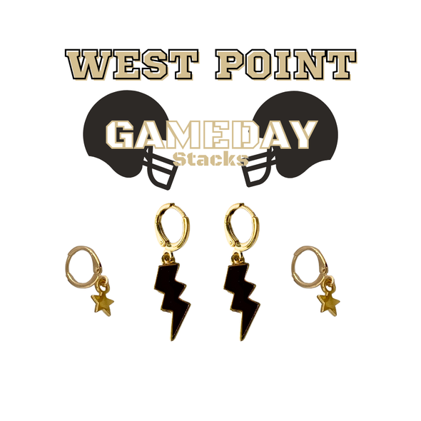 West Point Classic Gameday Earring Stack with black mini enamel bolts and golden yellow baby stars
