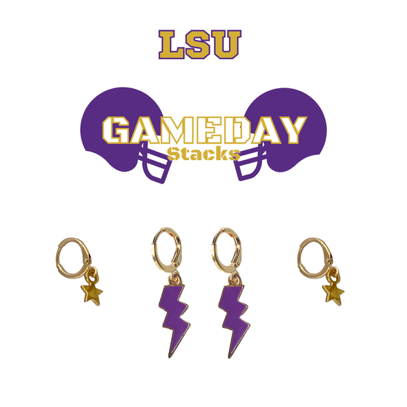 LSU Classic Gameday Earring Stack in purple and golden yellow, Tigers huggie hoop earrings