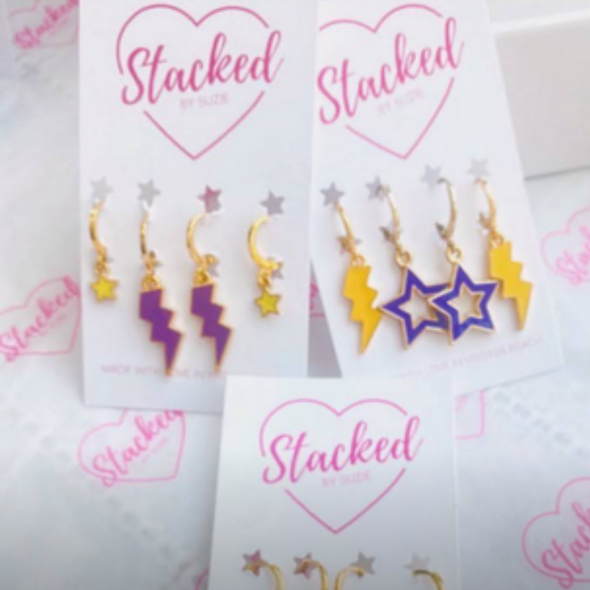Nazareth University Classic Gameday Earring Stack for Golden Flyers game day – wearing